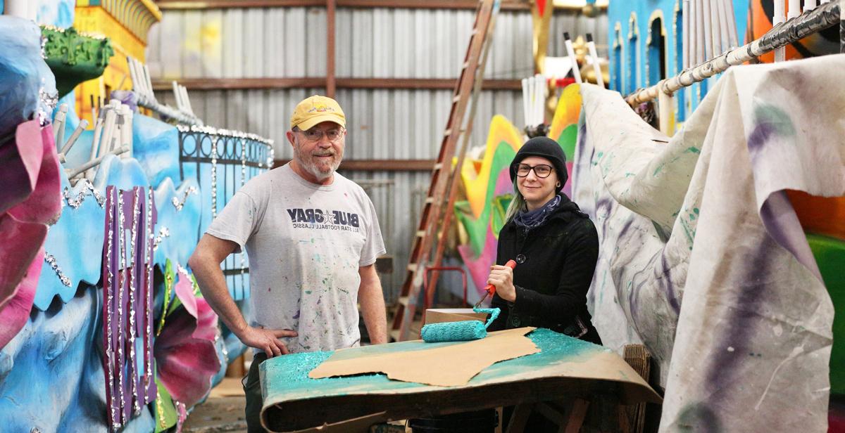 Vanessa Quintana is one of the latest South graduates to work under Steve Mussell, right, designing and building Carnival floats. “Steve tells me to put on my Mardi Gras goggles. He wants me to look at a float like someone would at a parade.”